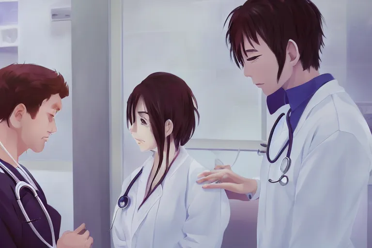 Image similar to a cute and beautiful young female doctor wearing white coat are talking with a handsome young man wearing white coat in a hospital ward, highly detailed, digital painting, slice of life anime, illustration, anime scenery by Makoto shinkai