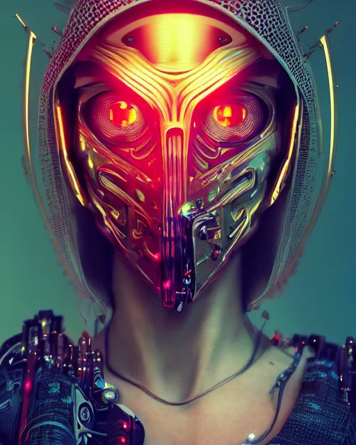 Prompt: portrait of a beautiful cyberpunk cyborg female wearing a ballistic face mask with brilliant gold flowing hair and bright red eyes, intricate abstract. intricate artwork. by Tooth Wu, wlop, beeple, dan mumford. octane render, trending on artstation, greg rutkowski very coherent symmetrical artwork. cinematic, hyper realism, high detail, octane render, 8k, iridescent accents