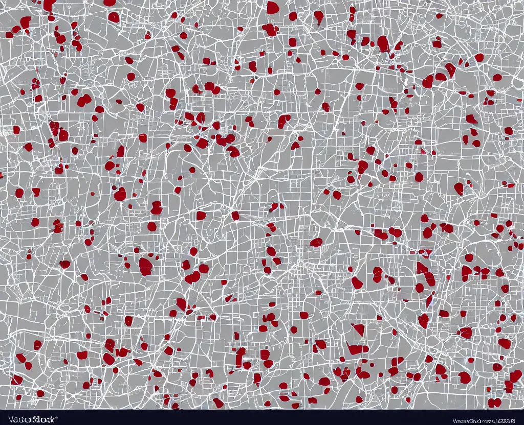 Prompt: Muted White on Grey Vector map of a little town with numerous red dots marked