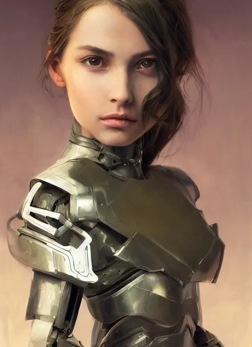 Image similar to a professional painting of a beautiful young female, clothed in robotic armor, olive skin, long dark hair, beautiful bone structure, symmetrical facial features, intricate, elegant, digital painting, concept art, smooth, sharp focus, illustration, from Metal Gear, by Ruan Jia and Mandy Jurgens and Artgerm and William-Adolphe Bouguerea