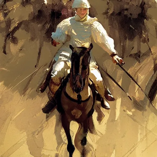 Image similar to portrait of rider wearing medieval clothes galloping, detailed by greg manchess, craig mullins, bernie fuchs, walter everett