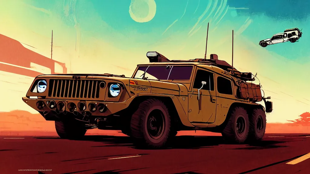 Image similar to digital illustration of mad max's fj 4 0 pursuit special, the last v 8 interceptor driving down a deserted cyberpunk highway in the middle of the day by studio ghibli, anime style year 2 0 9 3, by makoto shinkai, ilya kuvshinov, lois van baarle, rossdraws, basquiat