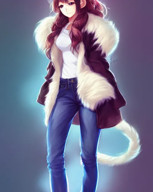 Image similar to fullbody portrait of anthropomorphic half - tiger fluffy cute anime woman in jeans coat, concept art, anime art, by a - 1 picture, trending on artstation artgerm, ross tran, wlop, marc davis