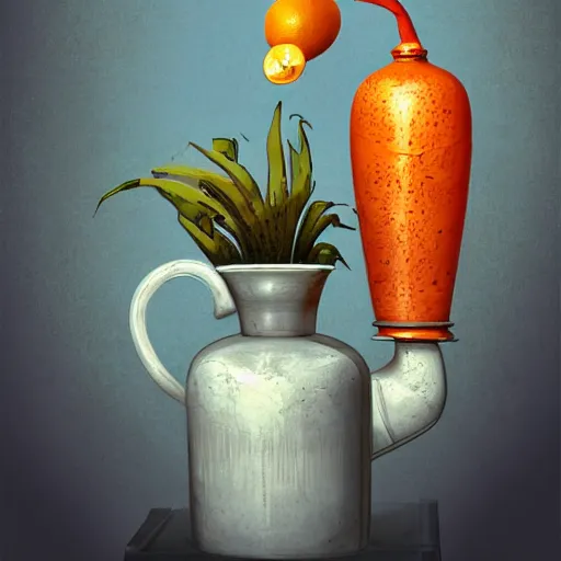 Image similar to still art, antique jug with palms inside, old candle, much vegetables, lemon, orange, pepper, cinematic light, detailed, digital art, concept art, trending on artstation, highly detailed, intricate, sharp focus, digital art, 8 k