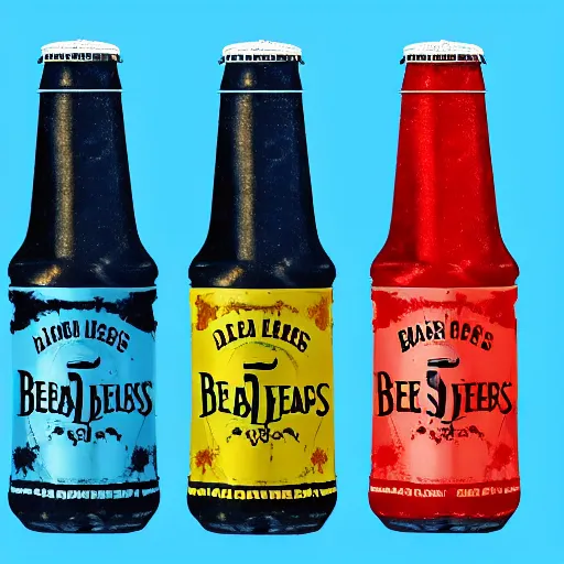 Image similar to an advertisement for a beatles soda, with the beatles pasted on the packaging, soda bottle with a small illustration of the beatles pasted on the packaging.