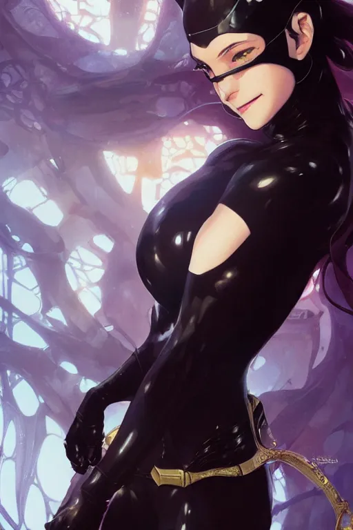 Image similar to anime key visual of a beautiful female, catwoman, cinematic, stunning, highly detailed, digital painting, artstation, smooth, hard focus, illustration, art by artgerm and greg rutkowski and alphonse mucha, aniplex