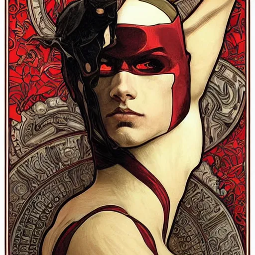 Image similar to daredevil costume designs, intricate, elegant, highly detailed, digital painting, smooth, sharp focus, illustration, art by alphonse mucha