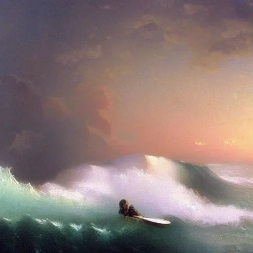 Prompt: a detailed matte painting of a long-haired gnome surfing huge ocean wave on a surfboard, painting by Ivan Aivazovsky