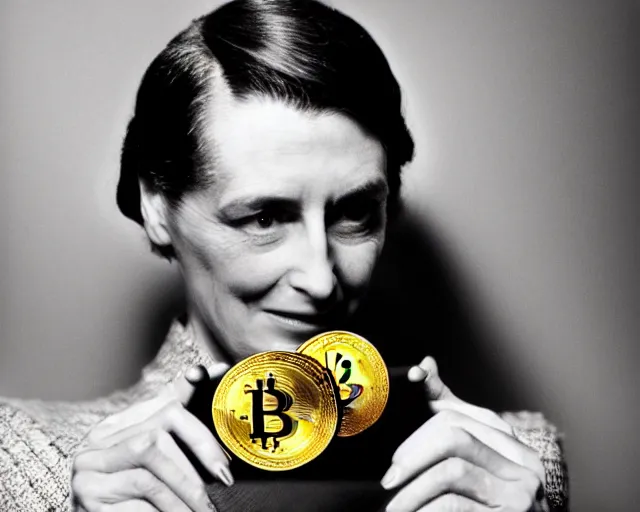 Image similar to ayn rand holding a golden bitcoin, commercial stock photo by annie liebovitz, j. c. leyendecker