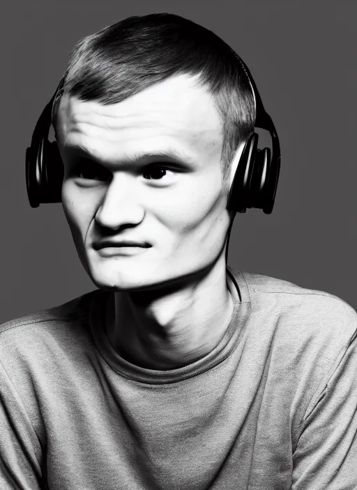 Image similar to vitalik buterin in headphones. vitalik buterin, medium shot, perfect symmetric face, coherent eyes, cute happy face, fine details., very sharp, 4 k, pixar, hans zatska