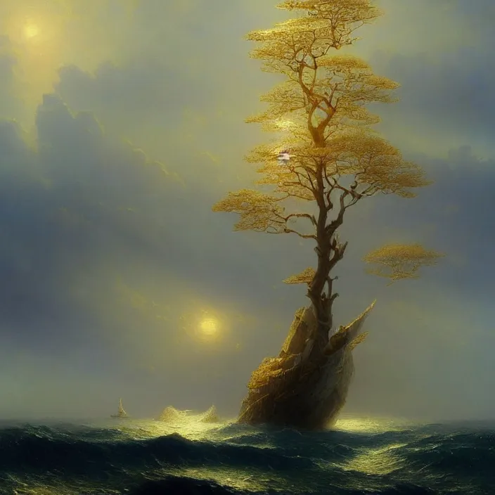 Image similar to a beautiful painting of the gold world tree on the sea by ivan aivazovsky and greg rutkowski and james gurney, in style of impressionism. dark fantasy, elden ring, hyper detailed, sharp focus, soft light. unreal engine 5, oil on canvas, ray tracing. trending on artstation