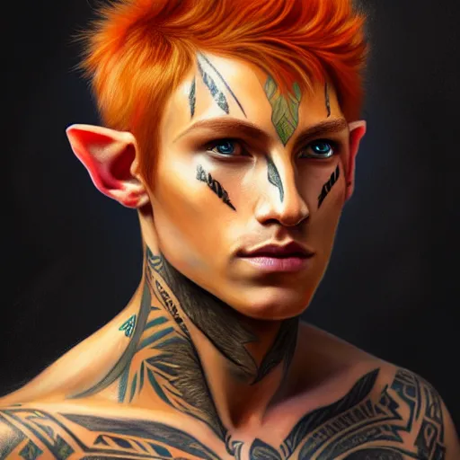 Image similar to portrait painting of an elven young man with short light orange hair and tribal tattoos on his face wearing fur armor, sharp focus, award - winning, trending on artstation, masterpiece, highly detailed, intricate. art by james ryman