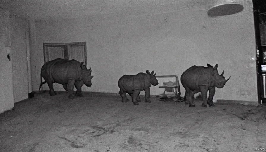 Image similar to a rhinoceros in a burning stalinist style kitchen, mini dv camera found footage, very very low quality picture, heavy grain, caught on security camera, heavy jpeg artifact, night vision very blurry, caught on trail cam, 1 4 4 p, ultra wide lens