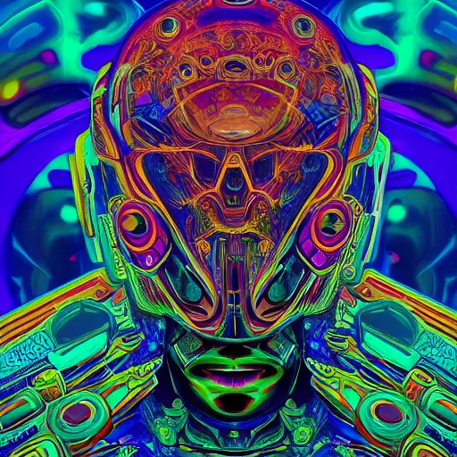 Prompt: An extremely psychedelic experience, colorful, surreal, mecha, robot portrait,LSD, face, jet turbine, tarot, detailed, intricate, elegant, highly detailed, super detailed, insane detailed, digital painting, concept art, smooth, sharp focus, unreal engine, illustration, art by josan gonzales, Krenz Cushar, Marco Plouffe, dan mumford, Artem Demura and alphonse mucha