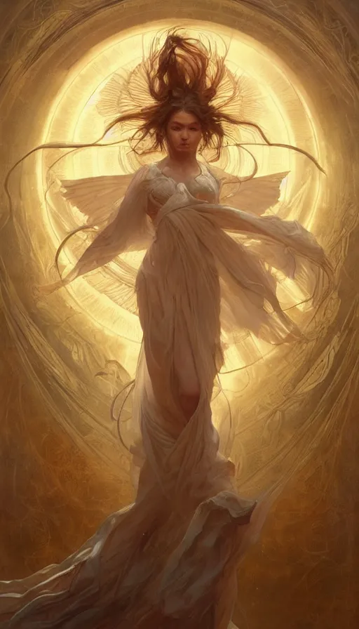 Image similar to seraphim, perfectly-centered-painting of the most beautiful women on the planet, sweaty, dynamic action pose, insane, intricate, highly detailed, digital painting, artstation, concept art, smooth, sharp focus, illustration, Unreal Engine 5, 8K, art by artgerm and greg rutkowski and alphonse mucha