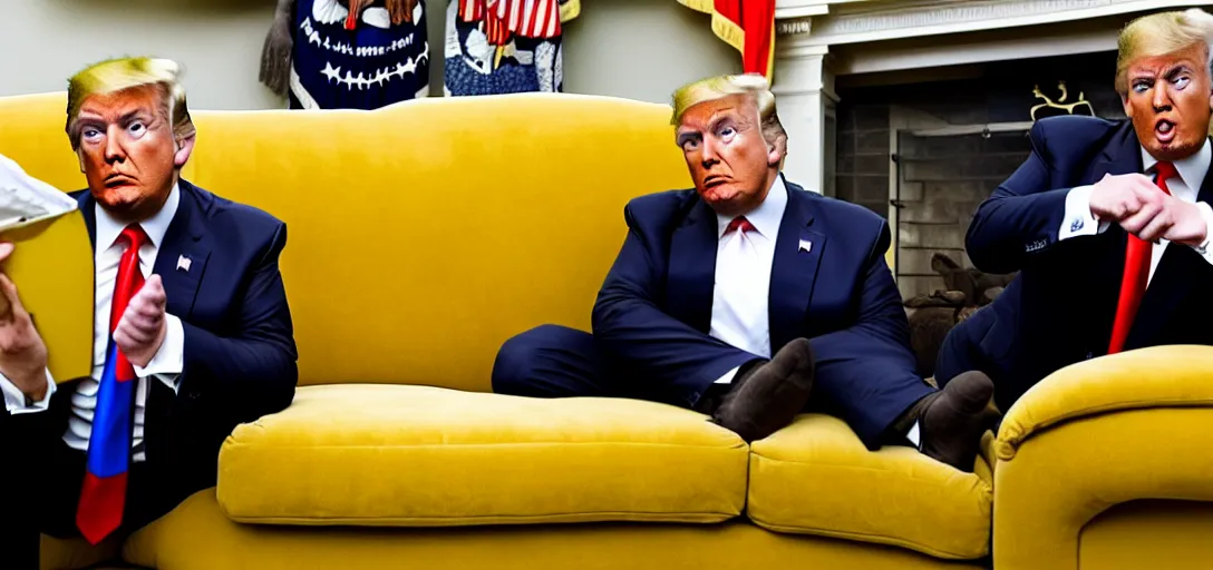 Image similar to donald trump sitting on couch watching his piss tape, golden shower