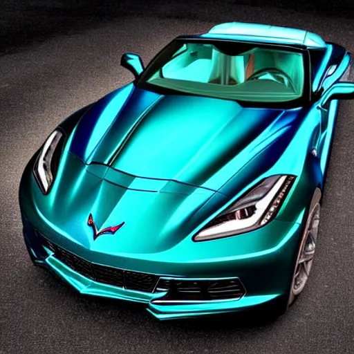 Image similar to a small dark luminous turquoise color liquid water sculpture is hybrid of a corvette convertible, luminous turquoise color liquid water masquerades as a corvette convertible, viscous, reflective, monochromatic, digital art