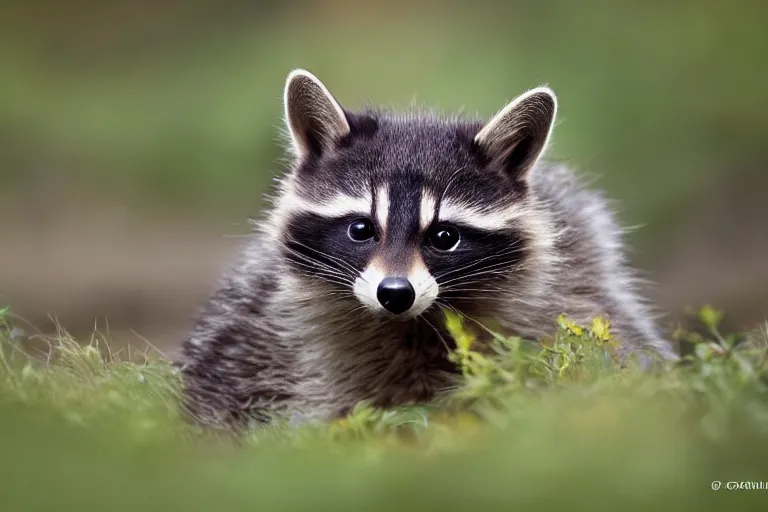 Prompt: a cat racoon!!! hybrid! hyper realistic!! realistic lighting!! wildlife photographer of the year!!! bold natural colors, national geographic, hd, wide angle, 8 k