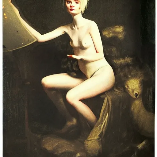 Prompt: a striking hyper real painting of Elle Fanning with cybernetics by Goya, night, fire lit,