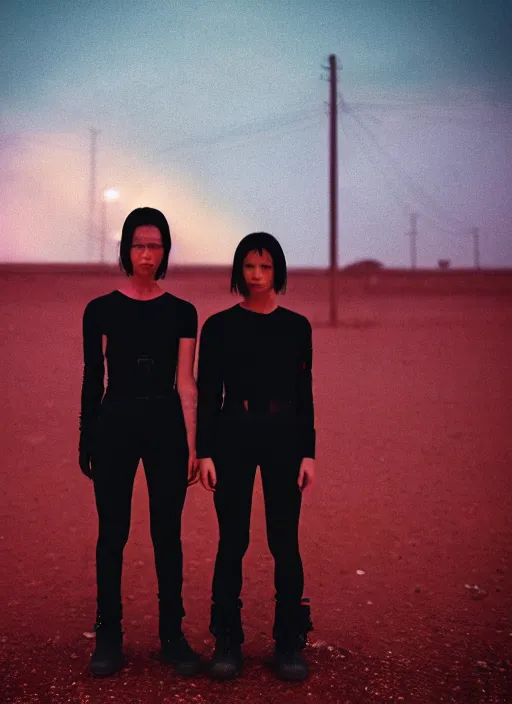 Image similar to cinestill 5 0 d photographic portrait of two loving female androids wearing rugged black techwear on a desolate plain with a red sky, extreme closeup, lizard on ground, cyberpunk style, in front of a brutalist dark metal facility, dust storm, 3 5 mm, 8 k, hd, f / 3 2, high resolution, ultra realistic faces