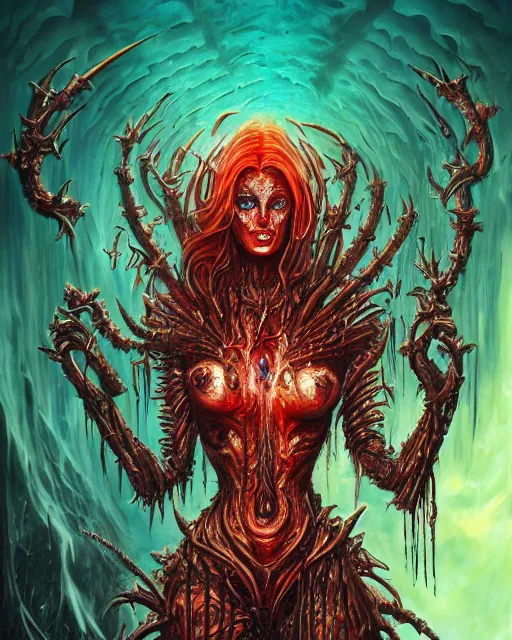 Prompt: charred bloody fleshmetal cyborg daemonhost woman psychedelic flamer of tzeentch, by antonio j. manzanedo, alex grey, android jones, wayne barlowe, philippe druillet, raymond swanland, cyril rolando, josephine wall, harumi hironaka, cronenburg, trending on artstation