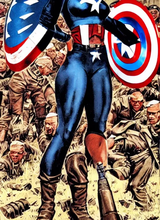 Image similar to beautiful black female captain america standing on a pile of defeated german soldiers. feminist captain america wins wwii. american wwii propaganda poster by james gurney