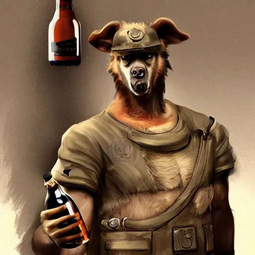 Image similar to a humanoid german shepherd beast - man in military style, holding a bottle of beer, artstation, concept art, smooth, sharp foccus ilustration, artstation