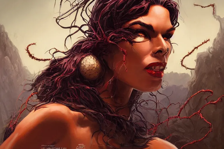 Image similar to A portrait painting of a spider woman with giant spider legs and hair needles crawling out of a volcano, illustration, detailed, award-winning, trending on artstation, by Frank Frazetta and Charlie Bowater and Mark Brooks and Richard Corben H-1024