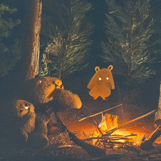 Image similar to beaver being spit roasted over a campfire at night, photograph