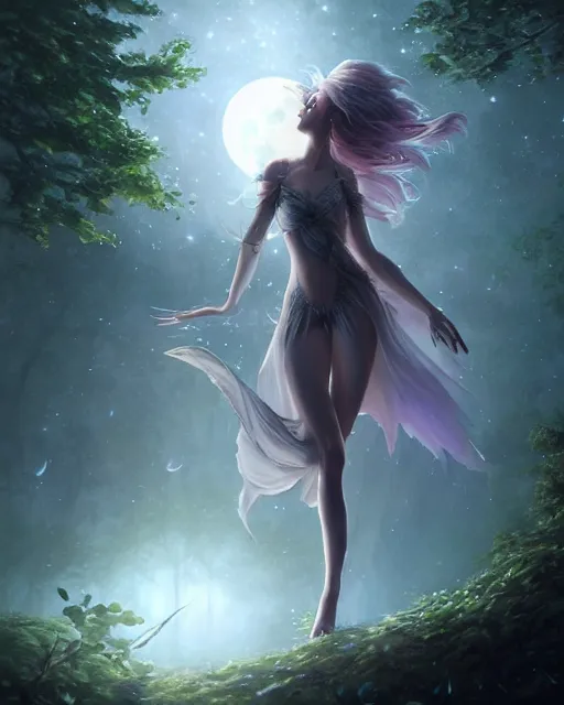 Image similar to attractive fairy goddness fly high in the night, d & d, fantasy, mist, full moon in background, trees, hyper detailed, art by artgerm and greg rutkowski and magali villeneuve, midium shot, 8 k realistic, cryengine, digital painting, trending on artstation, concept art, sharp focus, illustration,