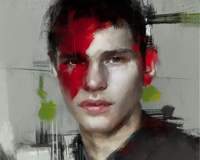 Image similar to portrait of young jacen solo caedus in shades of grey but with red and green by jeremy mann