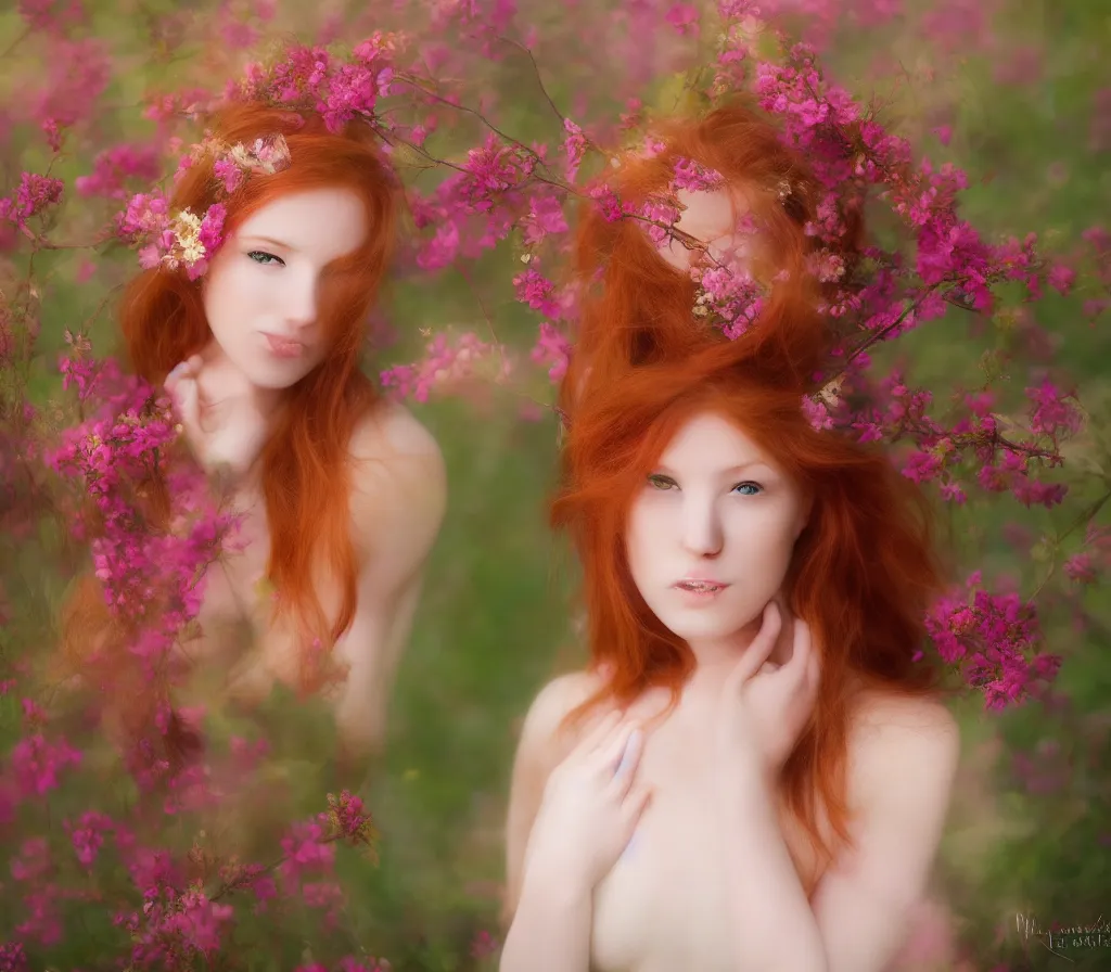 Image similar to Fine art photo of a beauty model, she is redhead, she is posing while maintain a sweet eye contact to the camera, she has a crown of flowers and she has flowers around her, the photo was taken at sunset; you can see a bokeh effect behind the model, the photo was taken by Annie Leibovitz, photorealistic, matte painting, hyper realistic, concept art, 4k, 8k, cinematic composition, cgsociety, HD, highly detailed, octane render, unreal engine 5, trending on artstation, shaders