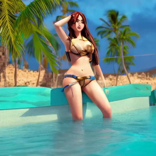 Image similar to beautiful render of pool party Caitlyn (league of legends) looking at the horizon in a hawaii beach, 3d, octane render, realistic, highly detailed, trending on artstation