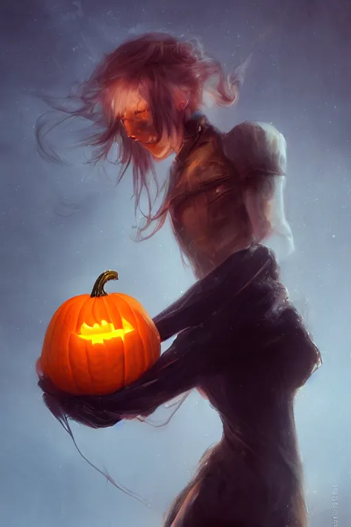 Prompt: portrait of headless horseman holding a pumpkin, halloween night, charlie bowater, artgerm, ilya kuvshinov, krenz cushart, ruan jia, realism, ultra detailed, 8 k resolution