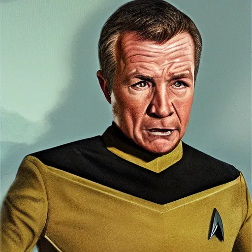 Image similar to photograph of captain j. kirk from star trek screaming in terror. sharp photograph, sharp focus, highly detailed,, detailed face!!, ultra realism, dramatic lighting, zeiss lens, canon eos, detailed skin, dynamic pose, 8 k resolution, hyperrealism, portrait photography, art by artgerm and greg rutkowski and alphonse mucha