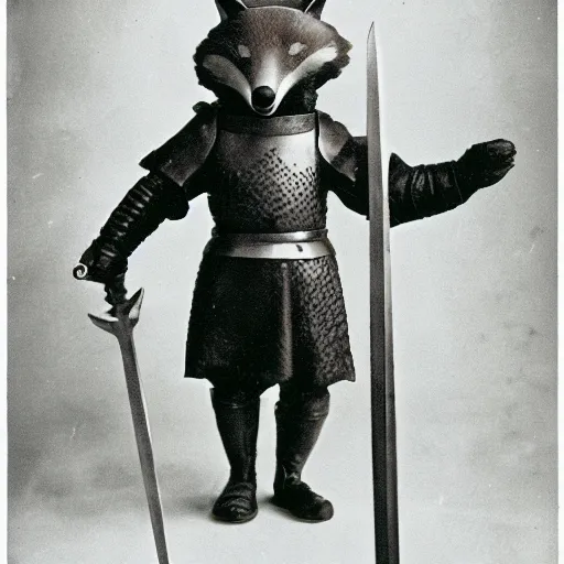 Prompt: anthropomorphic fox who is a medieval knight holding a sword towards a stormy thundercloud, 1 9 3 0 s film still