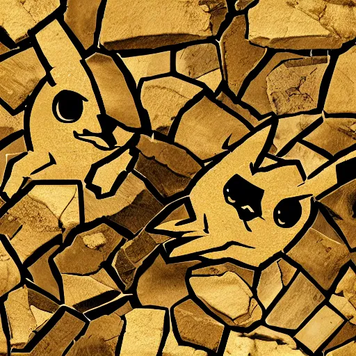 Image similar to The face of Pikachu appearing in shards of broken pottery, 8K resolution photo