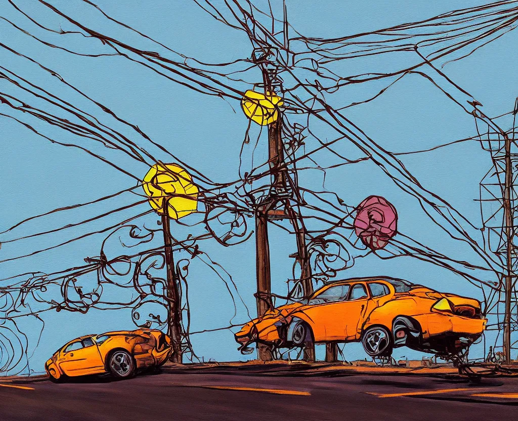 Image similar to a surreal painting of a frightened car being menaced by high - tension wires, saturated color scheme