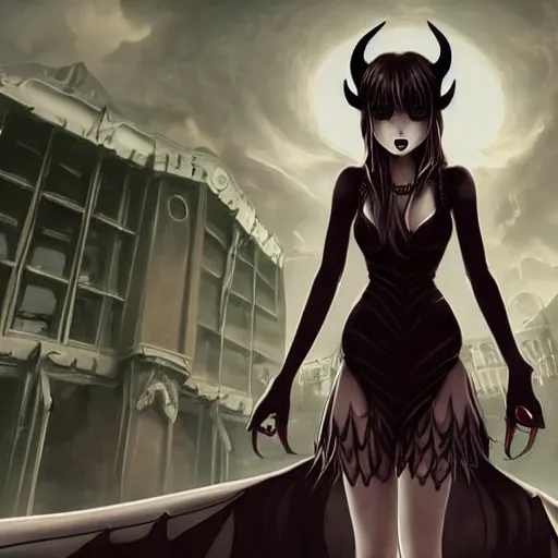 Prompt: gloomy demon girl with demon horns in a pretty black dress with a katana in front of a dystopian city, beautiful high detail photo