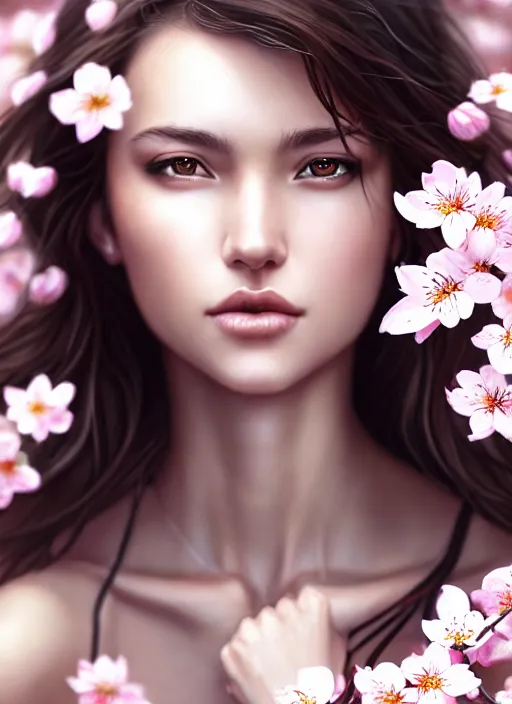 Image similar to photo of a gorgeous female with messy hair in the style of stefan kostic, realistic, body shot, sharp focus, 8 k high definition, insanely detailed, intricate, elegant, art by stanley lau and artgerm, cherry blossoms