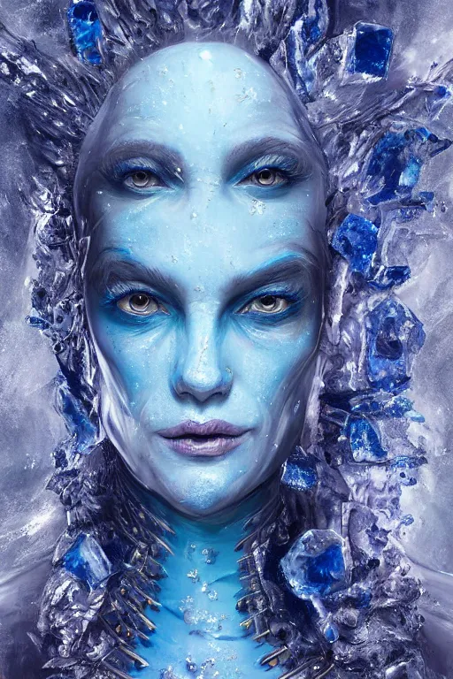 Image similar to Fantasy character portrait of distorted detailed painting of a queen woman made of ice, blue hues, ice blue, icy, hyper detailed, trending on Artstation