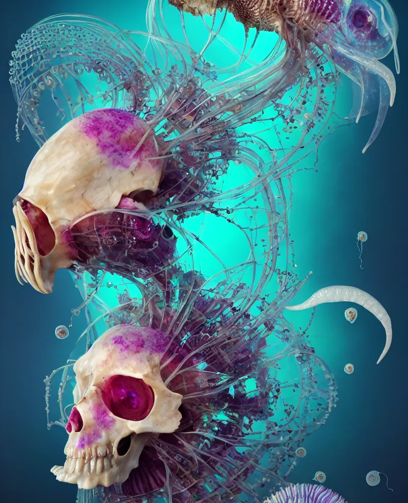 Image similar to goddess close-up portrait ram skull, thorax, x-ray, backbone, jellyfish phoenix head, nautilus, orchid, skull, betta fish, bioluminiscent creatures, intricate artwork by Tooth Wu and wlop and beeple. octane render, trending on artstation, greg rutkowski very coherent symmetrical artwork. cinematic, hyper realism, high detail, octane render, 8k