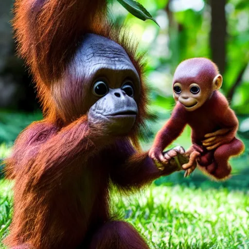 Prompt: Little Groot playing with a baby orangutan by Disney