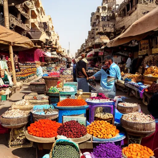 Prompt: an open air market in Egypt, vendors are selling wares, ancient relics, and mysterious trinkets