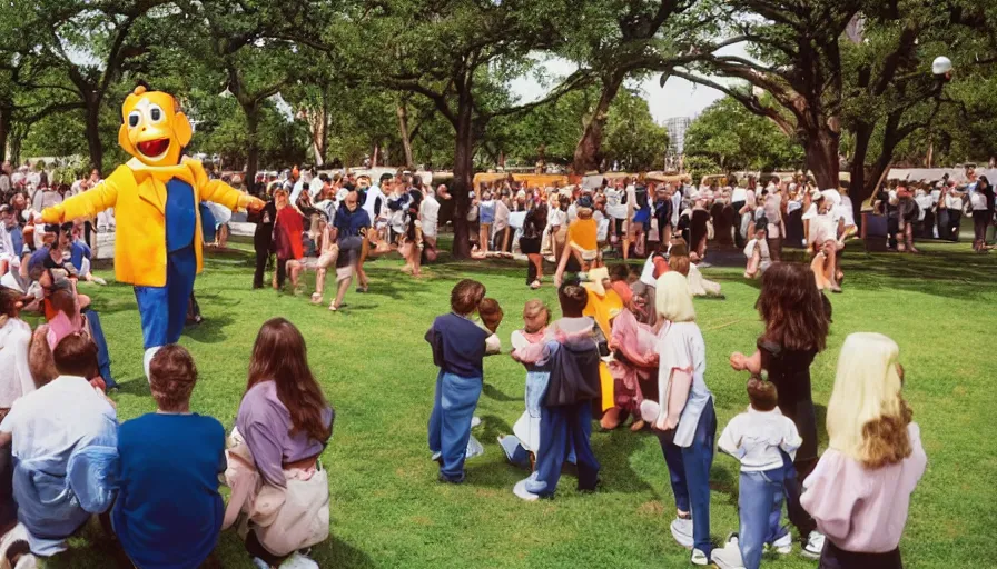 Image similar to 1990s candid photo of a beautiful day at the park, cinematic lighting, cinematic look, golden hour, costumed corporate mascot people giving presentations to families, Enormous personified corporate people with outstandingly happy faces coming out of a portal and talking to families, UHD