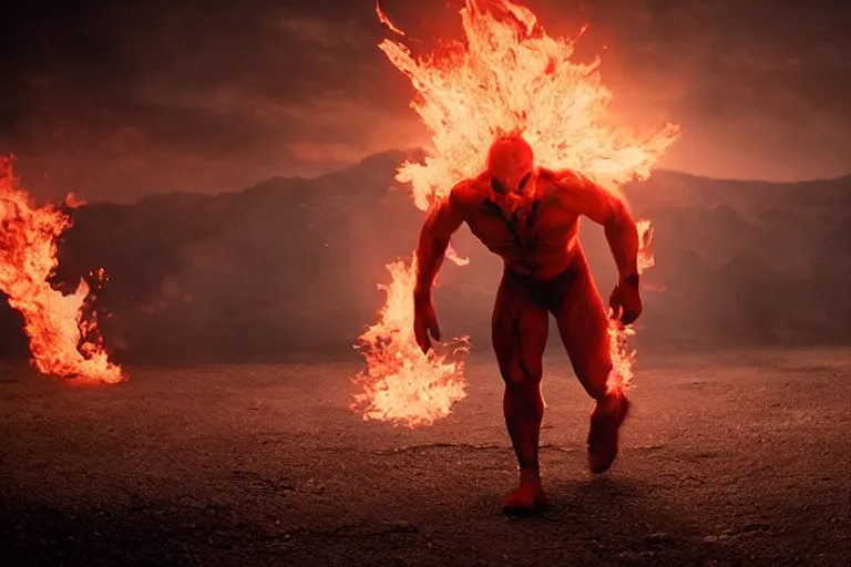 Image similar to a cinematic wide - angle photograph of mutant made of fire walking through a vast serene landscape, beautiful lighting, high depth, ultra realistic, artistic, by zack snyder and john harris