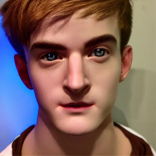 Image similar to “a realistic detailed photo of a guy who is an attractive humanoid who is half robot and half humanoid, who is a male android, twitch streamer Ninja Tyler Blevins, shiny skin, posing like a statue, blank stare, bedroom, close up”