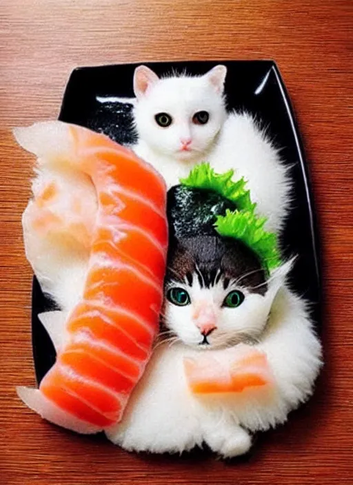 Image similar to clear photorealistic picture of adorable cats made out of sushi