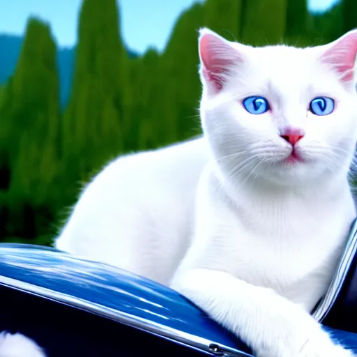 Image similar to a white cat with blue eyes driving a sport car, austria, film still, sound of music, 4 k, 8 k