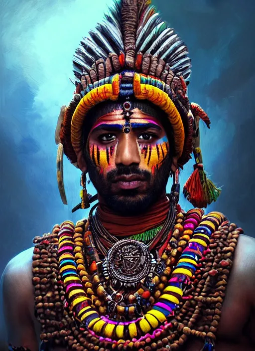 Image similar to portrait of suraj sharma, hyper detailed ultra sharp aztec shaman warrior. trending on artstation, warpaint aesthetic, bloodwave, colorful, psychedelic, ornate, intricate, digital painting, concept art, smooth, sharp focus, illustration, art by artgerm and greg rutkowski and h. r. giger, 8 k